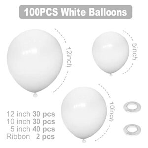 Matte White Party Latex Balloons,100 Pcs 12/10/5 Inch Matte White Balloons Different Sizes, Matte White Balloon Garland Arch Kit for Birthday Party Decorations Wedding Bridal Gender Reveal Baby Shower