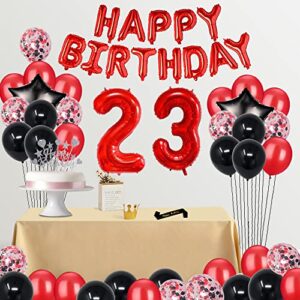 Fancypartyshop 23RD Birthday Party Decorations Supplies Red Black Later Balloons Happy Birthday Cake Topper Sash Foil Black Curtains Foil Star Balloons Number Red 23