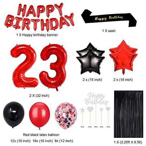 Fancypartyshop 23RD Birthday Party Decorations Supplies Red Black Later Balloons Happy Birthday Cake Topper Sash Foil Black Curtains Foil Star Balloons Number Red 23