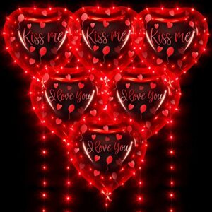 red heart light up balloons, 6 pack 20 inches bobo bubble transparent helium balloons with 10 feet led string lights for valentines wedding party decoration (red)