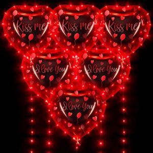 Red Heart Light Up Balloons, 6 Pack 20 Inches BoBo Bubble Transparent Helium Balloons with 10 Feet LED String Lights for Valentines Wedding Party Decoration (Red)