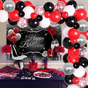 red black and silver party decorations for women birthday party supplies red black and silver balloon garland silver glitter happy birthday backdrop high heels champagne glass background