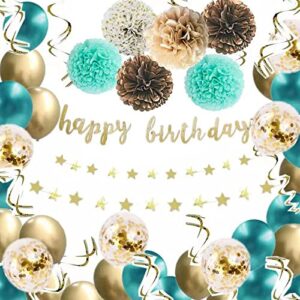 teal gold birthday decorations for women girls,happy birthday banner,paper pompoms,teal gold balloons,hanging swirl,star string,suit for 13th 15th 16th 18th 20th 30th 40th 50th birthday party