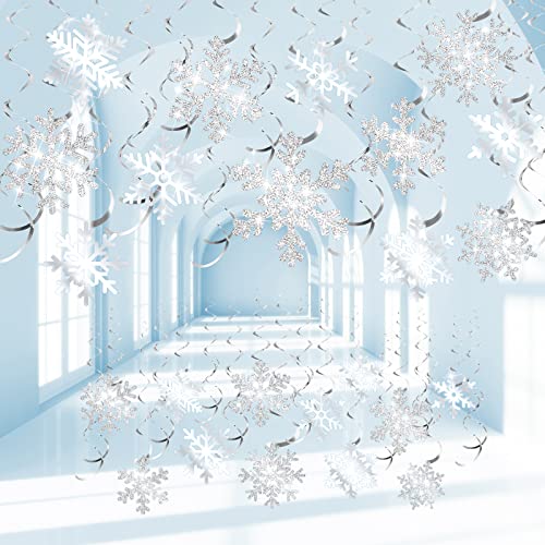 Containlol 30 Pieces Snowflake Hanging Swirls Decorations, Christmas Ceiling Decor Purple Blue White Snowflakes for Winter Holiday New Year Birthday Party Favors Baby Shower Supplies (Silver)