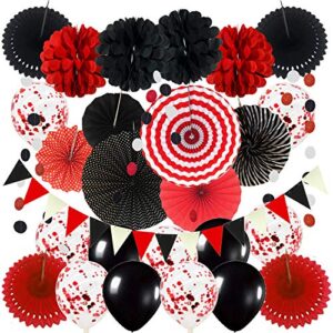 zerodeco party decoration, hanging paper fans pom poms flowers garlands string polka dot and triangle bunting flags easy to assemble – black and red