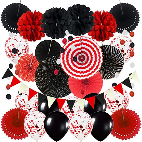 ZERODECO Party Decoration, Hanging Paper Fans Pom Poms Flowers Garlands String Polka Dot and Triangle Bunting Flags Easy to Assemble - Black and Red