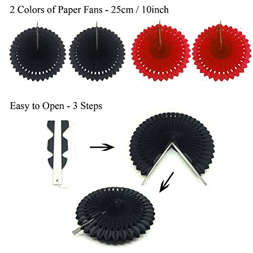 ZERODECO Party Decoration, Hanging Paper Fans Pom Poms Flowers Garlands String Polka Dot and Triangle Bunting Flags Easy to Assemble - Black and Red