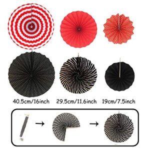 ZERODECO Party Decoration, Hanging Paper Fans Pom Poms Flowers Garlands String Polka Dot and Triangle Bunting Flags Easy to Assemble - Black and Red