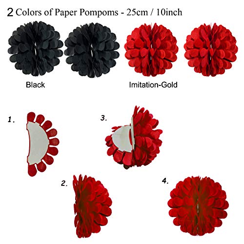 ZERODECO Party Decoration, Hanging Paper Fans Pom Poms Flowers Garlands String Polka Dot and Triangle Bunting Flags Easy to Assemble - Black and Red