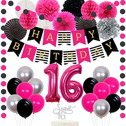 16th Birthday Decorations for Girls Hot Pink and Black Gold Happy Birthday Bunting Banner Tissue Pom Poms Paper Fans Circle Dots Sweet 16 Party Supplies…