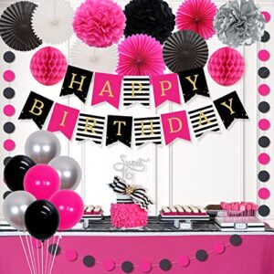 16th Birthday Decorations for Girls Hot Pink and Black Gold Happy Birthday Bunting Banner Tissue Pom Poms Paper Fans Circle Dots Sweet 16 Party Supplies…