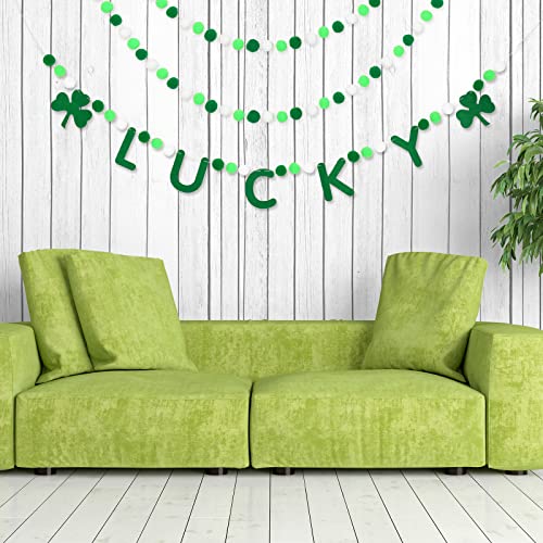 Whaline 3Pcs St. Patrick's Day Felt Pom Pom Banner Lucky Shamrock Clover Felt Garland Green White Pom Ball Banner Decorative Hanging Bunting Garland for Home Wall Decor Irish Party Supplies, 8.2Ft