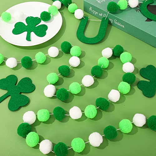 Whaline 3Pcs St. Patrick's Day Felt Pom Pom Banner Lucky Shamrock Clover Felt Garland Green White Pom Ball Banner Decorative Hanging Bunting Garland for Home Wall Decor Irish Party Supplies, 8.2Ft