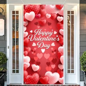 happy valentines day banner door cover, 6×2.9 ft valentine door decorations, red and pink heart valentines day door cover, valentines day door decorations for valentines day party tineit