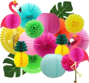 flamingo party honeycomb decoration, hanging paper fan, palm leaf , pineapple paper lanternfiesta party supplies, tissue paper flowers for hawaiian beach luau party birthday wedding photo backdrop