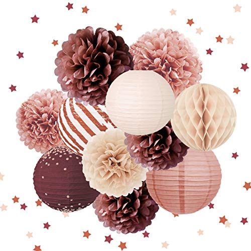 NICROLANDEE 12 PCS Burgundy Rose Gold Paper Lanterns Tissue Pom Poms Party Confetti 50G for Valentine's Day Burgundy Birthday Bridal Shower Women Girls Baby Shower Bachelorette Wedding Magenta Party