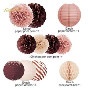 NICROLANDEE 12 PCS Burgundy Rose Gold Paper Lanterns Tissue Pom Poms Party Confetti 50G for Valentine's Day Burgundy Birthday Bridal Shower Women Girls Baby Shower Bachelorette Wedding Magenta Party