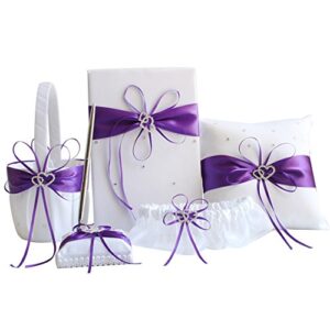 awtlife 5pcs sets purple wedding flower girl basket guest book pen with ring pillow and garter