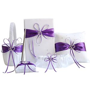 Awtlife 5pcs Sets Purple Wedding Flower Girl Basket Guest Book Pen with Ring Pillow and Garter