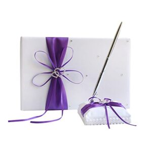 Awtlife 5pcs Sets Purple Wedding Flower Girl Basket Guest Book Pen with Ring Pillow and Garter