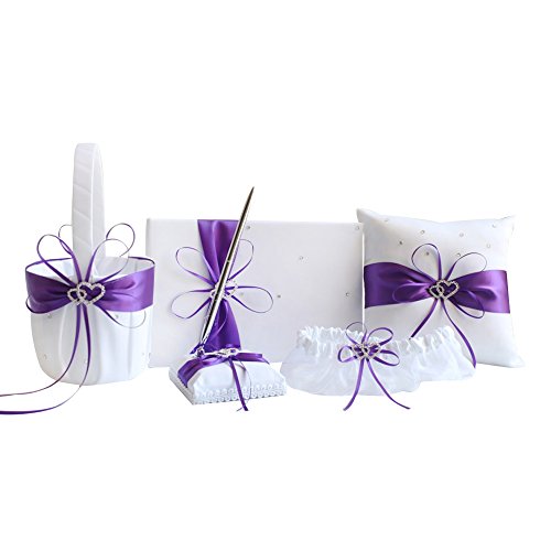 Awtlife 5pcs Sets Purple Wedding Flower Girl Basket Guest Book Pen with Ring Pillow and Garter