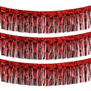 blukey 10 feet by 15 inch red foil fringe garland – pack of 3 | shiny metallic tinsel banner | ideal for parade floats, bridal shower, bachelorette, wedding, birthday, christmas | wall hanging drapes