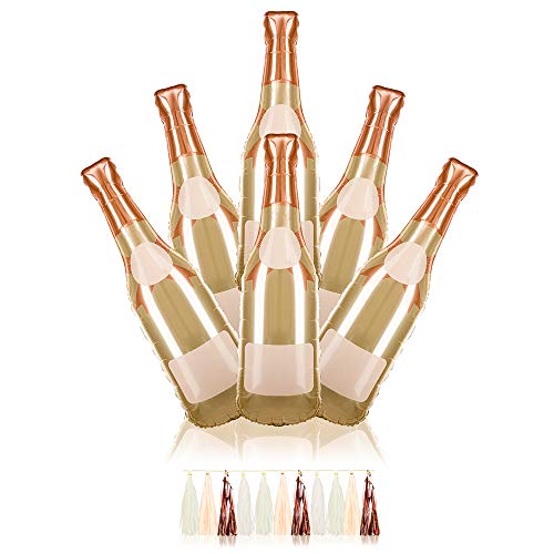 VP Products 6 Piece Champagne Balloon Bouquet + 1 Tassel Garland - Perfect Kit for Bridal Shower, Bachelorette and Birthday Party - 41" Foil Balloon - Silver and Rose Gold Party Decorations