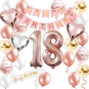 happy 18th birthday party decorations for her rose gold, jumbo number 18 foil balloon, 18th birthday sash cake topper banner balloons, rose gold 18th birthday party supplies for women anniversary