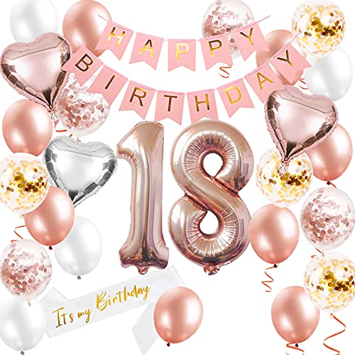 Happy 18th Birthday Party Decorations for Her Rose Gold, Jumbo Number 18 Foil Balloon, 18th Birthday Sash Cake Topper Banner Balloons, Rose Gold 18th Birthday Party Supplies for Women Anniversary