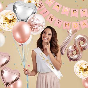 Happy 18th Birthday Party Decorations for Her Rose Gold, Jumbo Number 18 Foil Balloon, 18th Birthday Sash Cake Topper Banner Balloons, Rose Gold 18th Birthday Party Supplies for Women Anniversary