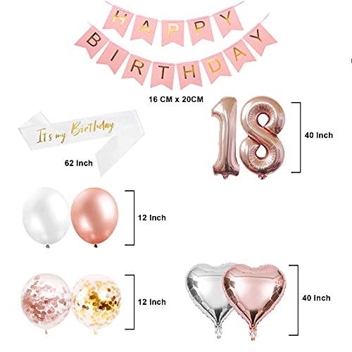 Happy 18th Birthday Party Decorations for Her Rose Gold, Jumbo Number 18 Foil Balloon, 18th Birthday Sash Cake Topper Banner Balloons, Rose Gold 18th Birthday Party Supplies for Women Anniversary