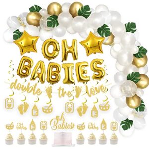 110 pcs twins baby shower decorations, fiesec oh babies foil confetti balloon artificial leaves double the love glitter banner hanging swirl cake cupcake topper gold white green