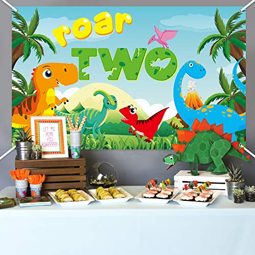 WATINC Roar Two Birthday Backdrop Banner Dinosaur Theme 2 Year Old Wild Forest XtraLarge Background Photo Booth Photography Baby Shower Party Decorations Supplies for Home Studio 71x43 Inch