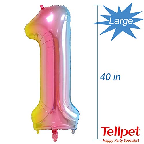 Tellpet Number 1 Balloon, One 1st First Birthday Party Balloons, Rainbow, 40 Inch