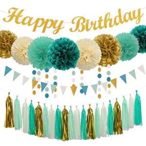 teal-blue mint beige-gold birthday party decorations – 31pcs tissue pom poms streamers,baby shower decorations girl women tassel garland,25th 30th 40th 50th happy birthday banner decor panduola