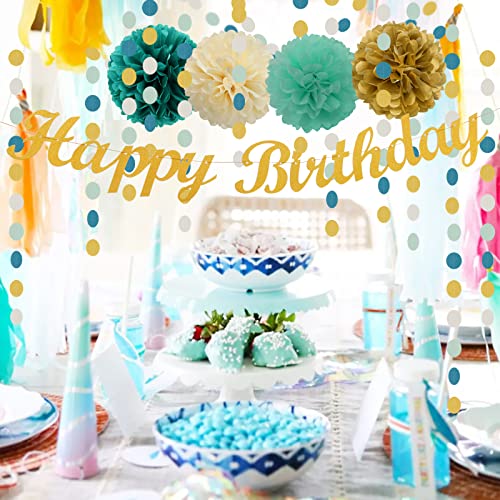 Teal-Blue Mint Beige-Gold Birthday Party Decorations - 31pcs Tissue Pom Poms Streamers,Baby Shower Decorations Girl Women Tassel Garland,25th 30th 40th 50th Happy Birthday Banner Decor Panduola