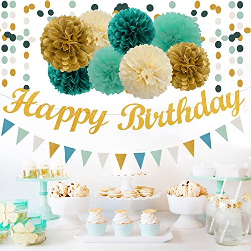Teal-Blue Mint Beige-Gold Birthday Party Decorations - 31pcs Tissue Pom Poms Streamers,Baby Shower Decorations Girl Women Tassel Garland,25th 30th 40th 50th Happy Birthday Banner Decor Panduola