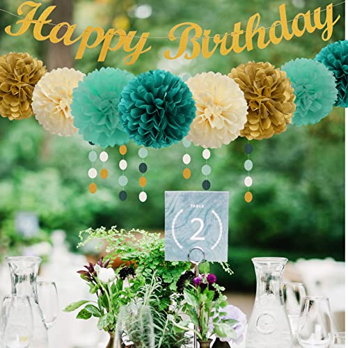 Teal-Blue Mint Beige-Gold Birthday Party Decorations - 31pcs Tissue Pom Poms Streamers,Baby Shower Decorations Girl Women Tassel Garland,25th 30th 40th 50th Happy Birthday Banner Decor Panduola