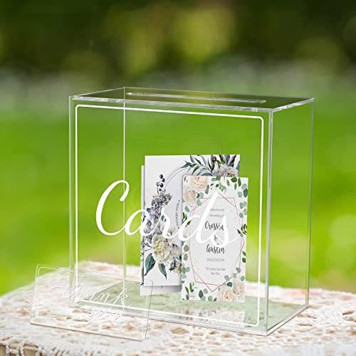 AOZZO Wedding Card Box, Acrylic Clear Post Money Gift Box Holder with Thank you Card Sign, Transparent Memory Box for Anniversary Wishing Well Birthdays Party Reception Graduation Decorations