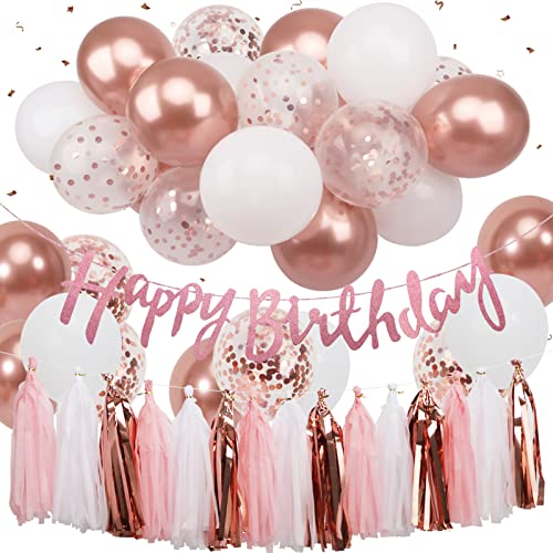 Birthday Decorations Set with Glittery Happy Birthday Banner and Paper Fringe Wreath, Rose Gold Party Decorations Balloons and Confetti Balloons for Women Girl Birthday Party