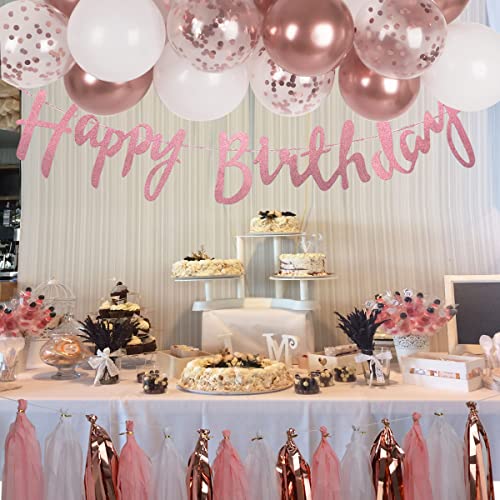 Birthday Decorations Set with Glittery Happy Birthday Banner and Paper Fringe Wreath, Rose Gold Party Decorations Balloons and Confetti Balloons for Women Girl Birthday Party