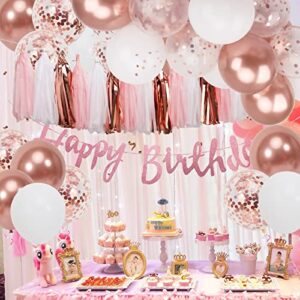 Birthday Decorations Set with Glittery Happy Birthday Banner and Paper Fringe Wreath, Rose Gold Party Decorations Balloons and Confetti Balloons for Women Girl Birthday Party