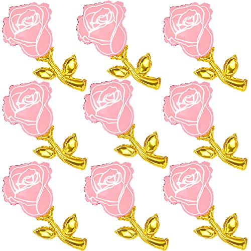 YUJUN 9PCS Valentines Day Rose Shaped Foil Balloons for Valentines Photo Backdrop Rose Flower Theme Wedding Valentines Day Decoration Party Supplies（Pink）