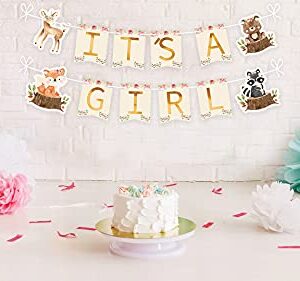 Woodland Animal Creatures ITS A GIRL Banner for Baby Shower Decoration Deer, Fox, Raccoon and Bear / Wild One, Boho Themed Party Supplies