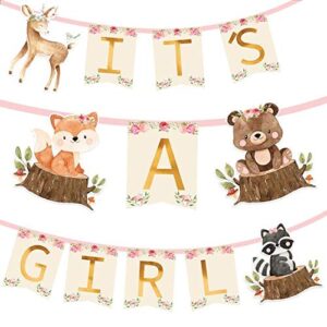 woodland animal creatures its a girl banner for baby shower decoration deer, fox, raccoon and bear / wild one, boho themed party supplies