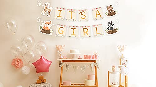 Woodland Animal Creatures ITS A GIRL Banner for Baby Shower Decoration Deer, Fox, Raccoon and Bear / Wild One, Boho Themed Party Supplies