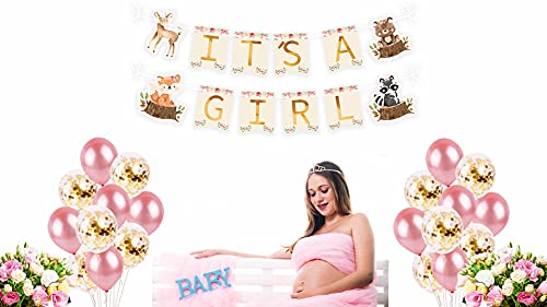 Woodland Animal Creatures ITS A GIRL Banner for Baby Shower Decoration Deer, Fox, Raccoon and Bear / Wild One, Boho Themed Party Supplies