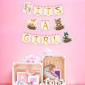 Woodland Animal Creatures ITS A GIRL Banner for Baby Shower Decoration Deer, Fox, Raccoon and Bear / Wild One, Boho Themed Party Supplies