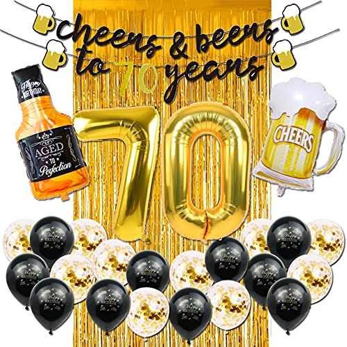 70th Birthday Decorations for Men, 70 Years Birthday Decorations with 40 Inch Gold Number Balloons, Banner, 70 Sign Latex Balloon, Fringe Curtains and Cups Foil Balloons