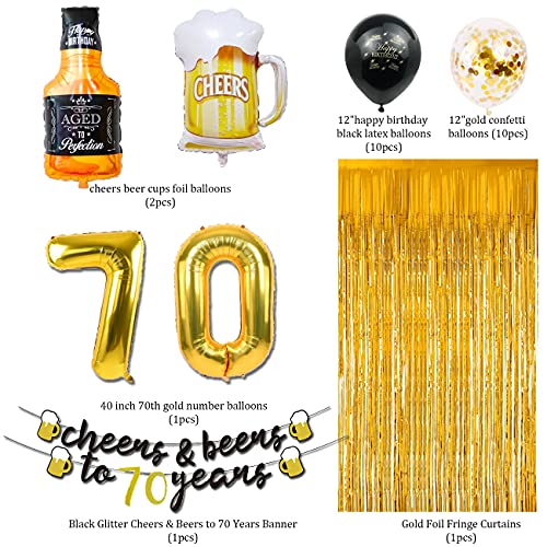 70th Birthday Decorations for Men, 70 Years Birthday Decorations with 40 Inch Gold Number Balloons, Banner, 70 Sign Latex Balloon, Fringe Curtains and Cups Foil Balloons